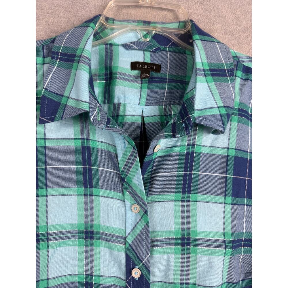 Talbots L Modern Classic Button Up Lightweight Flannel Shirt Blue Green Plaid - Picture 4 of 7